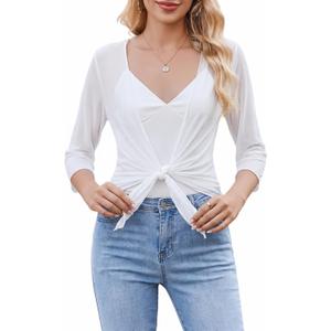Women's Sheer Tie Front 3/4 Sleeve Cropped Cardigan Mesh Bolero Dressy Shrug (M)