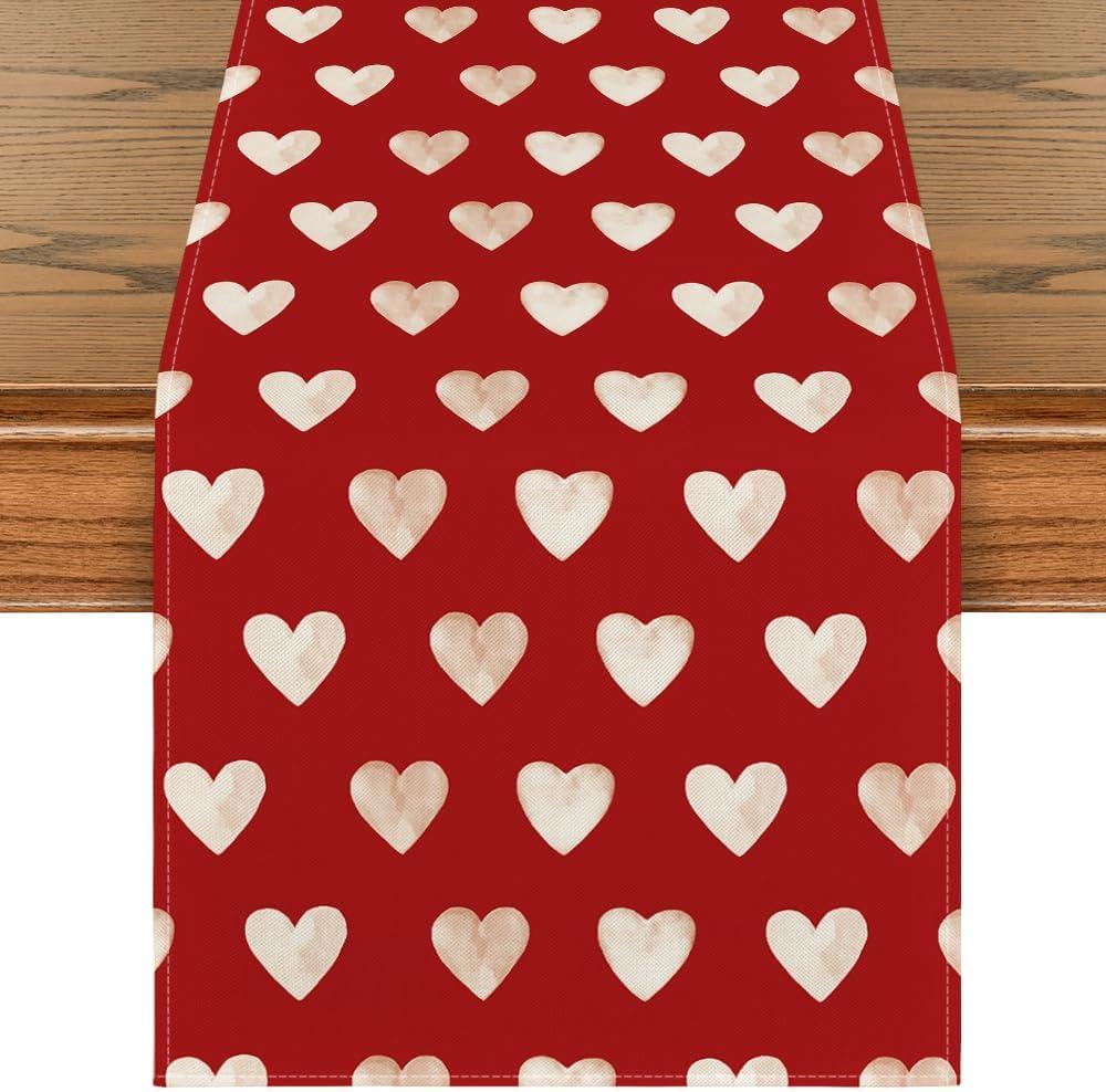 Artoid Mode Red Love Heart Valentine's Day Table Runner, Seasonal Anniversary Kitchen Dining Table Decoration for Indoor Home Party 13x72 Inch
