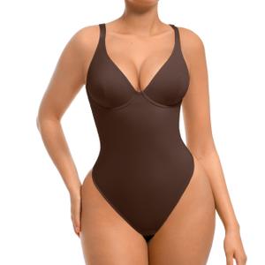 FeelinGirl Shapewear Bodysuits for Women Tummy Control, Brown Body Suit Thong Sexy Deep V Neck Corset Tops for Women, XL