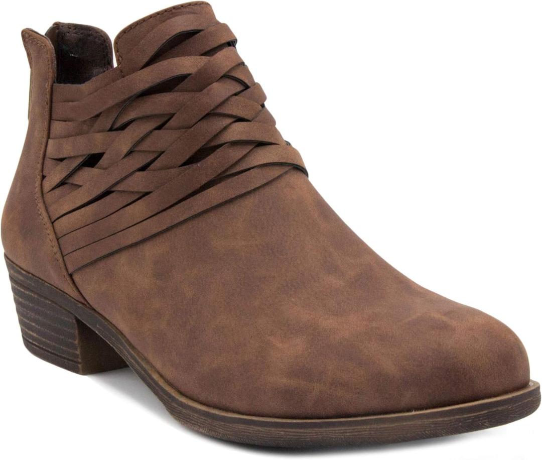 LONDON FOG Womens Mittle Dress Block Heel Ankle Boot, Ladies Back Zip Bootie with Criss Cross Wraparounds (8.5, Cognac)