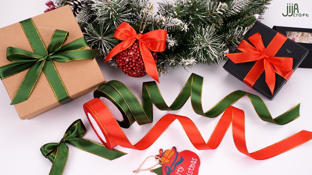 Gift Wrapping Satin Ribbon for Flower Bouquet Arts Crafts Sewing 25 Yard Each Roll Ribbon for Merry Christmas Decoration (Christmas Red Green-1, 3/8 inch Width) Pack of 4