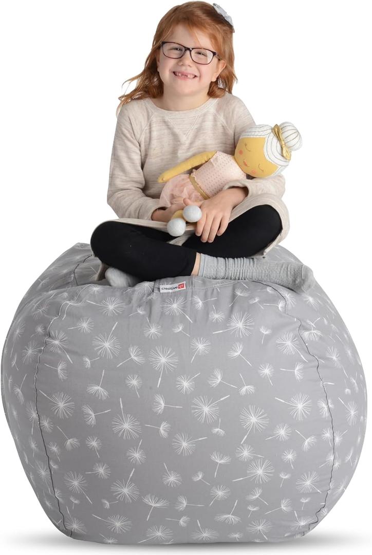Creative QT Stuff n Sit Large 33 Kids Bean Bag Storage Cover for Stuffed Animals & Toys, Giant Bean Bag Chair for Plush, Toddler & Kids Room Organizer, Gray Dandelion