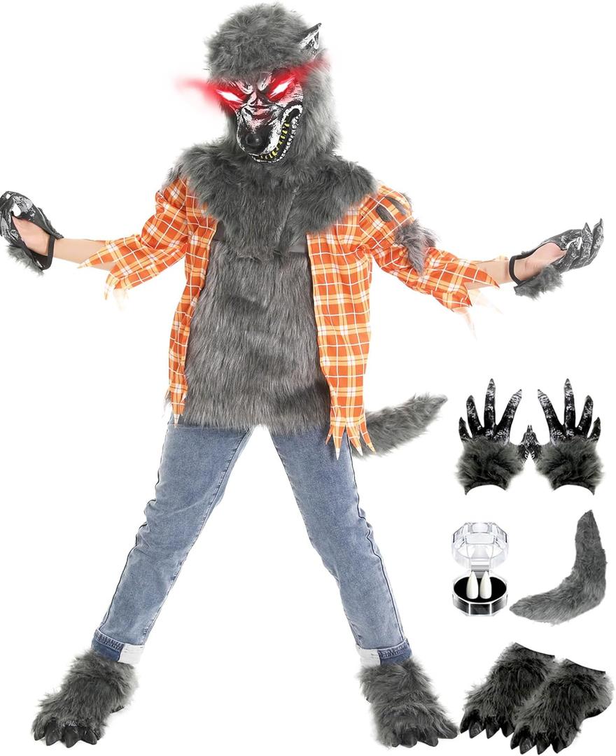 Werewolf Costume For Boys, Wolf Suits With Light Up Red Eyes Mask, Gloves, Shoes, Tail, Fangs Dress up for Kids (X-Large (12-14yrs), Orange)
