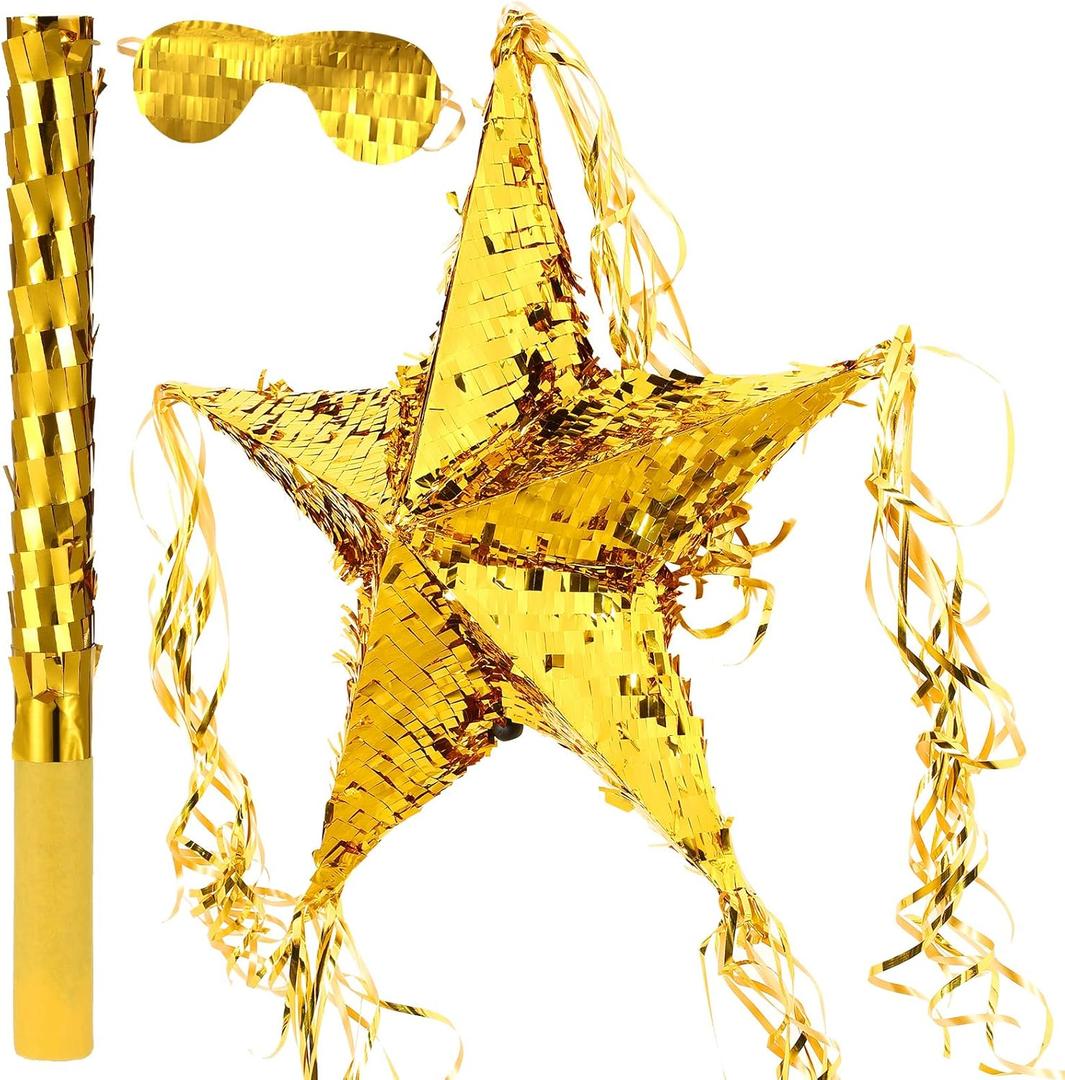 Foil Star Piata with Blindfold and Bat for Birthday Foldable Star Shape Piata with Stick Festive Fiesta Party Supplies Favors for Mexican Party (Gold) (23.6 x 23.6 Inches)
