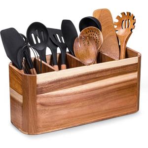 Utensil holder for Kitchen Counter - Large Kitchen Utensil Holder Organizer for Counter or Countertop, Large Wooden Utensil Holder with 4 CompartmentAcacia Wood