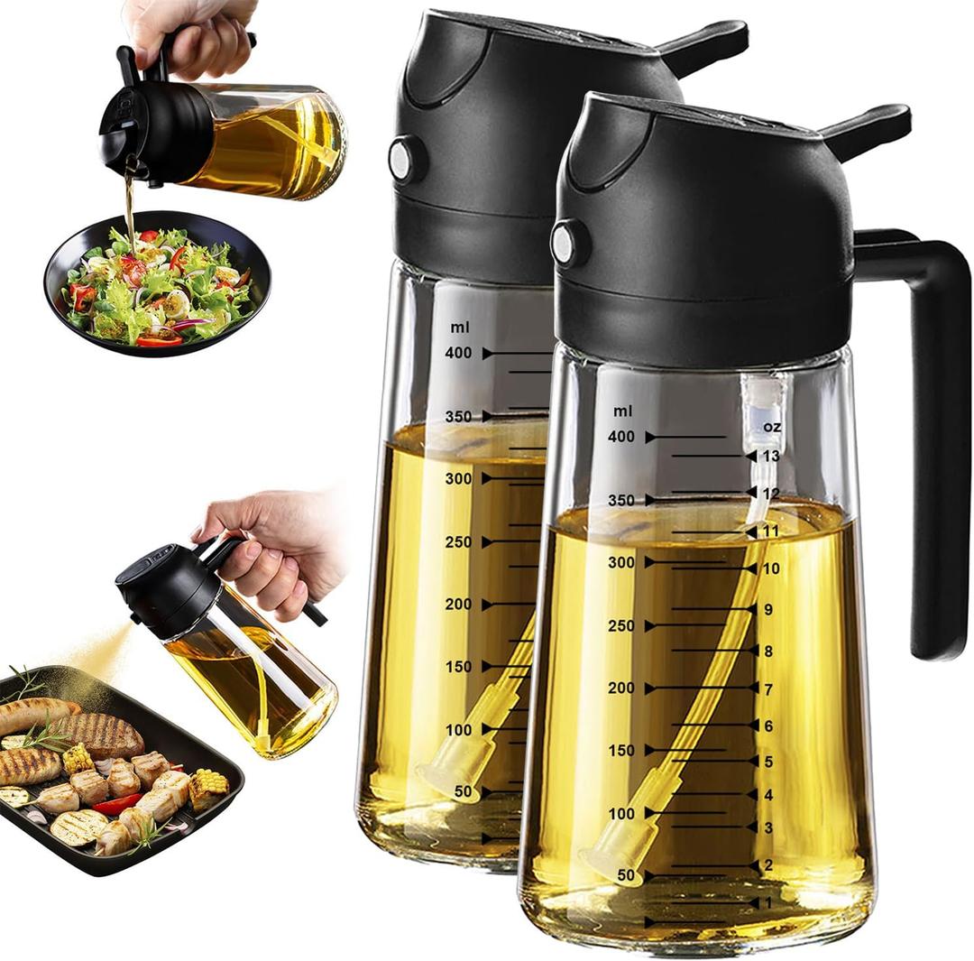 TrendPlain 16oz/470ml Glass Olive Oil Sprayer for Cooking  2 in 1 Olive Oil Dispenser Bottle for Kitchen Gadgets and Air Fryer Accessories, Salad, BBQ - 2 Black