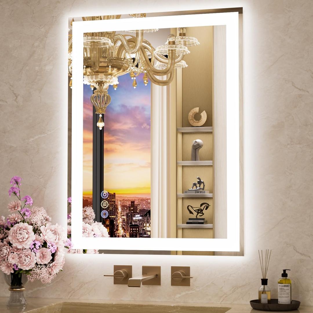 24"x 36" LED Bathroom Mirror with Front and Backlit, Wall Vanity Mirror with Lights, Controlled Separately LED Mirror for Bathroom, 3 Colors, Tempered Glass, Shatterproof, Anti-Fog, Memory(UL ETL)