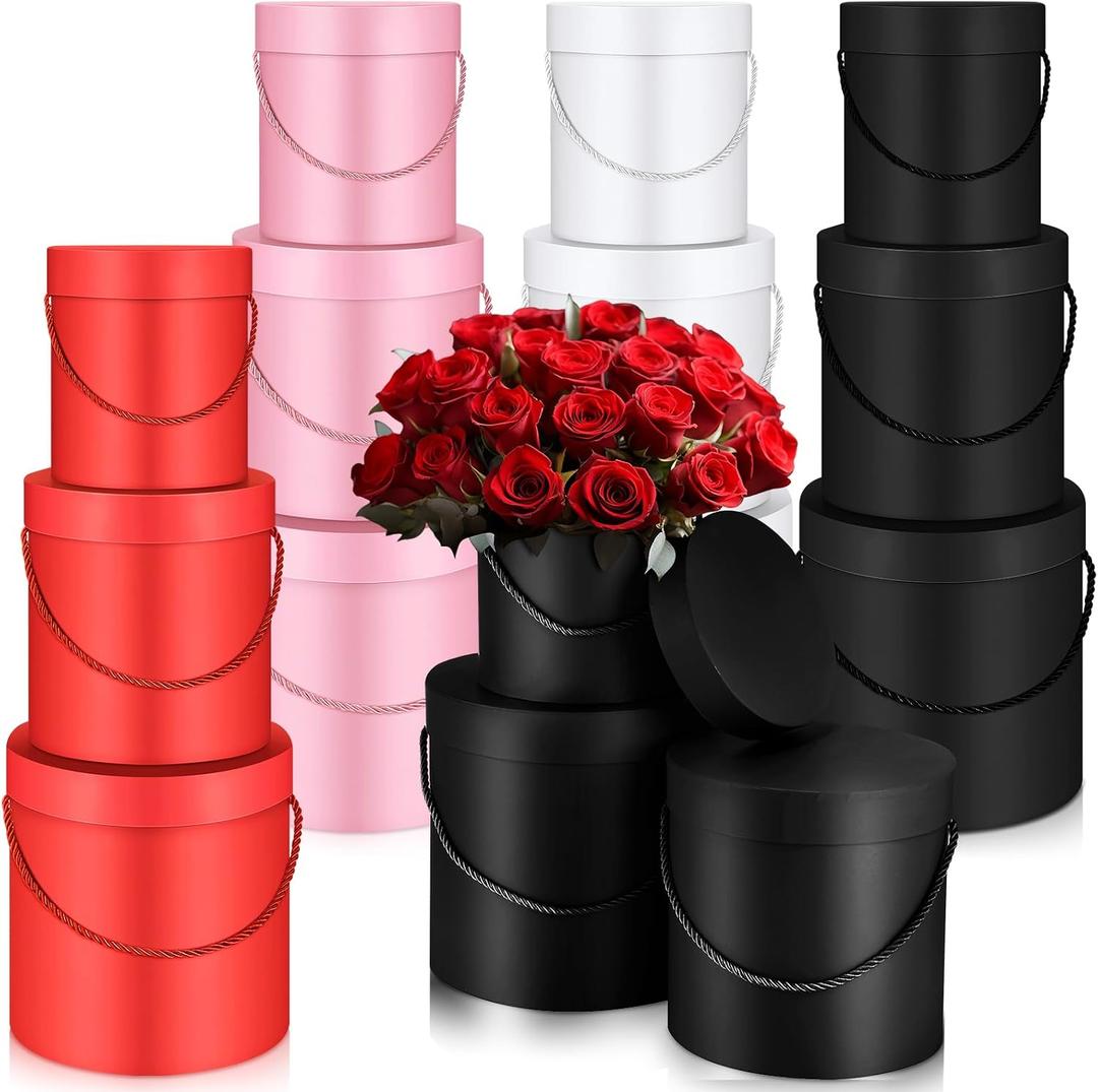 Cholemy Gift Boxes with Lids 3 Sizes Round Flower Boxes for Arrangements Nesting Flower Box with Handle for Mother's Day Graduation Wedding Present Wrapping(Pink, Red, White, Black)