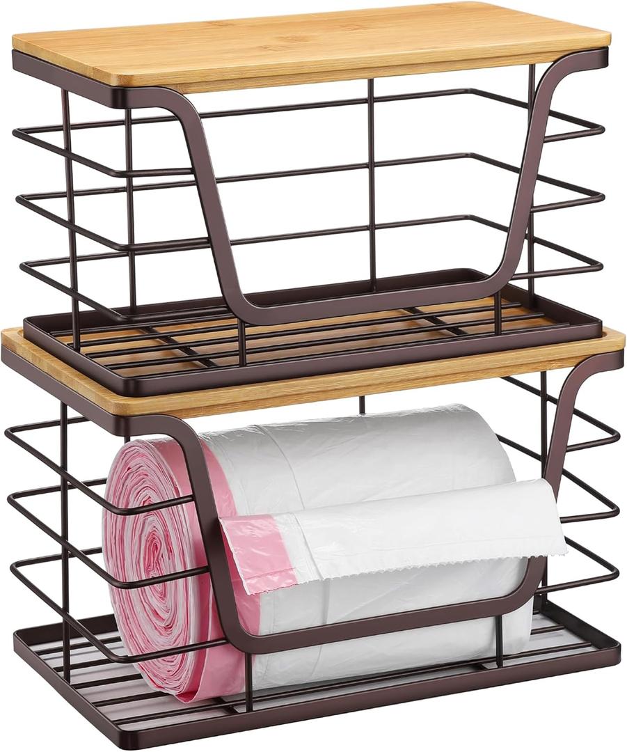 ALOCEO 2 Pack Extra Large Pantry Baskets with Bamboo Lip, Stainless Steel Garbage Bag Holder Dispenser Countertop Storage, Stackable Kitchen Storage Bins for Fruit Onion Potato Vegetable, Brown
