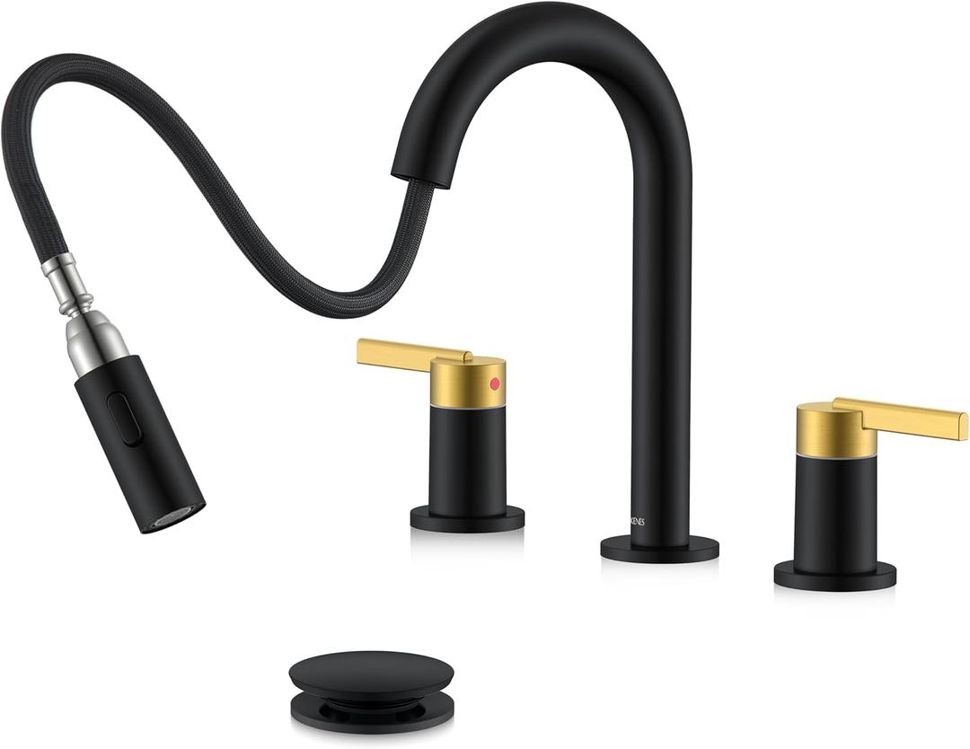 KENES Black and Gold Pull Down Widespread Bathroom Faucet 3 Hole, 8 Inch 2 Handle Bathroom Sink Faucet with Pull Out Sprayer, Vanity Faucet with Pop Up Drain and Supply Lines LJ-9068-BG