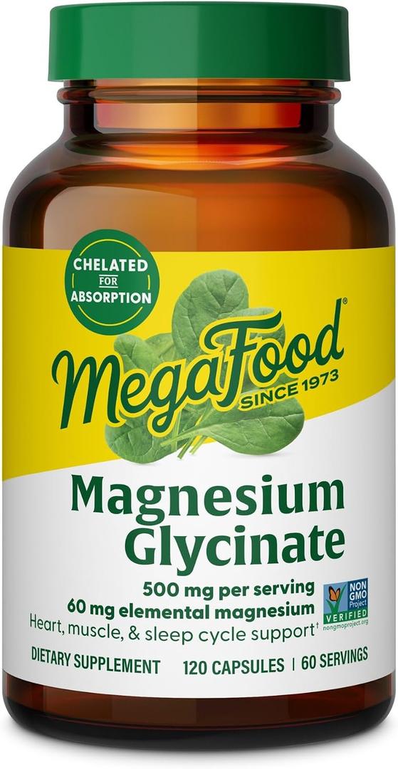 MegaFood Magnesium Glycinate 500mg, Normal Sleep & Stress, 120 Capsules, BB: JAN/2028