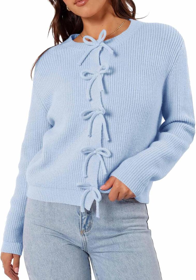 Women's Cardigan Sweaters Bow Button Down Cardigans Fall Fashion Clothes Knit Tie Open Front Coats (Blue, S)