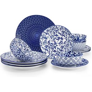vancasso SELENE Plates and Bowls Set for 4, 12 Pieces Dinnerware Sets, Mircowave and Dishwasher Safe Dishes Set, Porcelain Blue Dinnerware