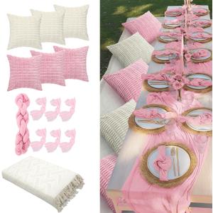 Beeveer 91 x 71 Extra Large Outdoor Boho Picnic Blanket with Pink Table Runner, 6 Throw Pillow Covers 6 Napkins Woven Cotton Yarn Oversize Beach Blanket Washable Picnic Camp Wedding
