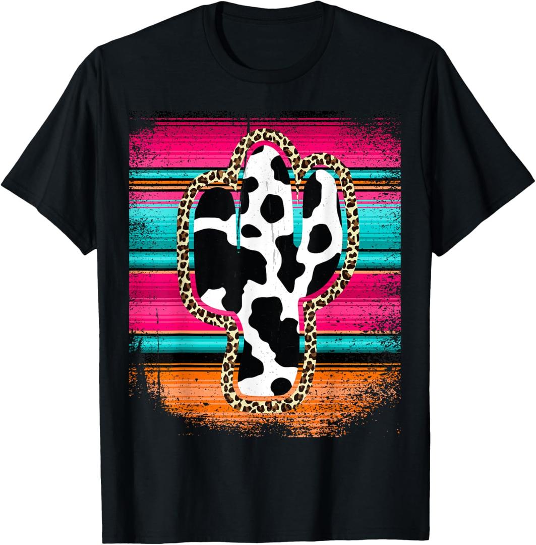 Western Leopard Cheetha Serape Cow Cactus Turquoise pink T-Shirt (Small, Black)