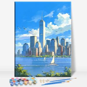 Aeontinity World Trade Center WTC New York State Framed Canvas DIY Paint by Numbers Kit Bar Cafe Cave Home Room Wall Bathroom Porch Patio Decor Gift, 16 x 12 Inch