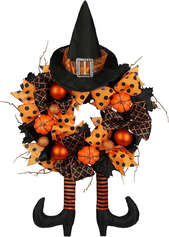 Halloween Wreath for Front Door 16" Tinsel Black Witch Wreath with Hat Legs and Orange Pumpkin for Fall Autumn Indoor Window Door Thanksgiving Halloween Decorations