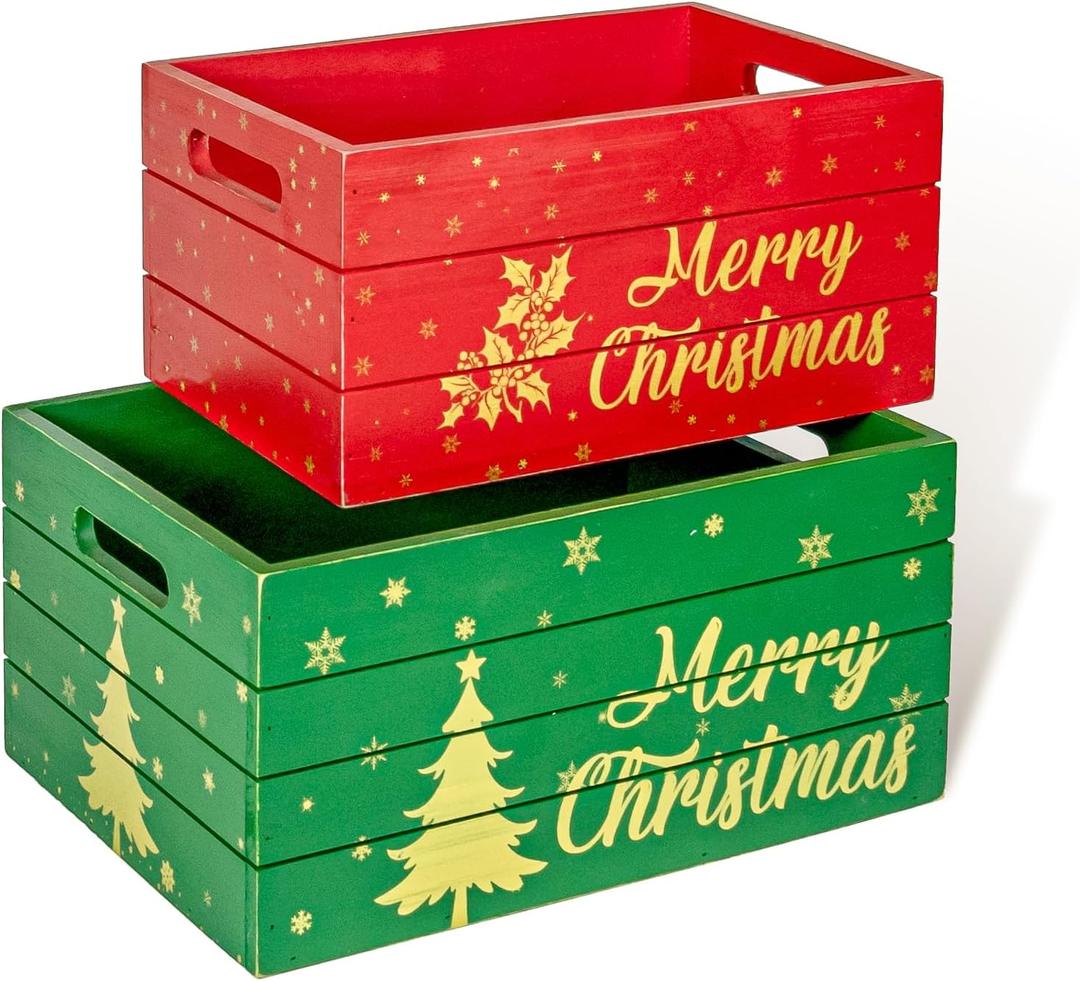 Red Co. Set of 2 Red and Green Decorative Nesting Wooden Merry Christmas Storage Crate Organizers with Golden Lettering