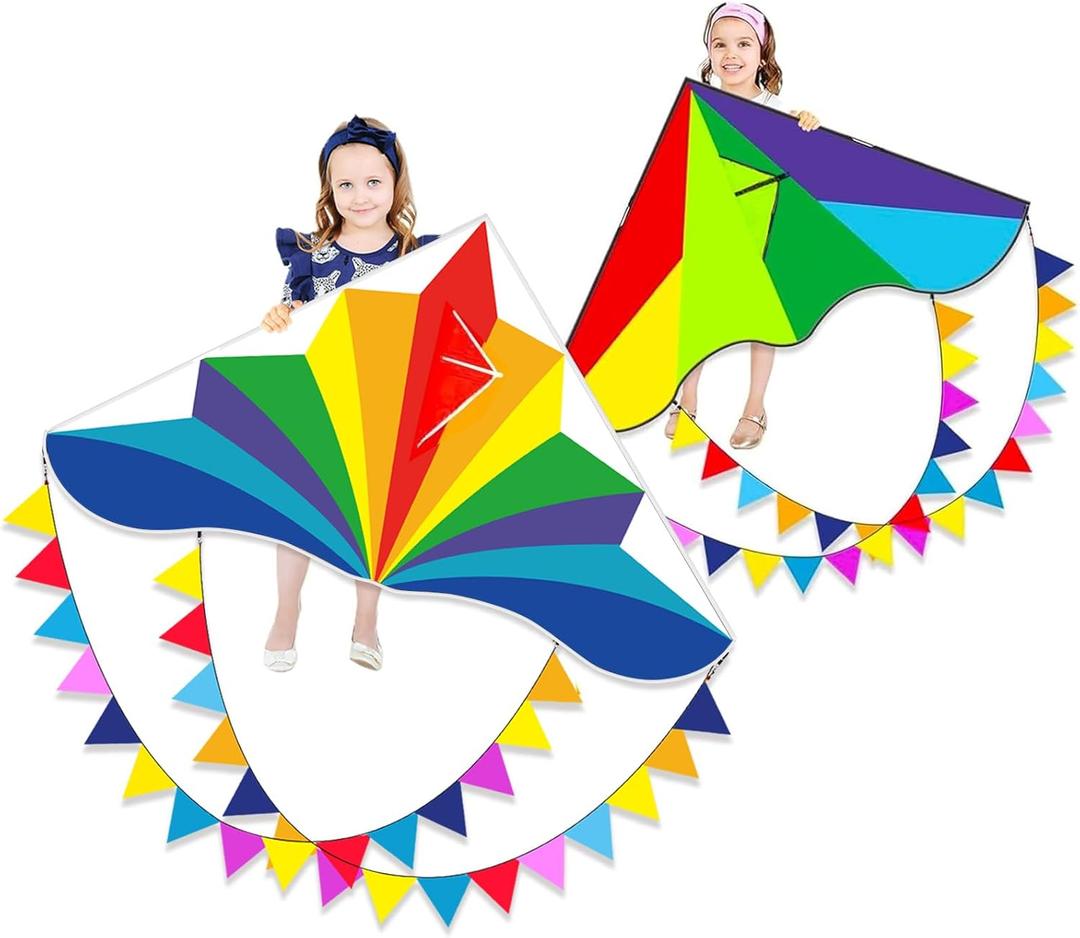 2 x Large Rainbow Delta Kite for Kids & Adults,Single Line Beach Kite for Kids Ages 4-8 & 8-12,Easy to Fly for Toddlers and Beginners