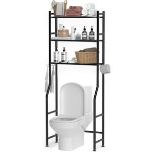 3-Tier Over The Toilet Storage, Space Saver Metal Bathroom Shelves, Freestanding Above Over Toilet Storage Shelf with 4 Hooks for Bathroom, Black