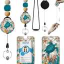 Stylish ID Badge Holder with Lanyard - Retractable Teacher Lanyard for Women, Silicone Beaded Keychain for Teachers, Office & School Supplies (Sea Turtle Beach Design)