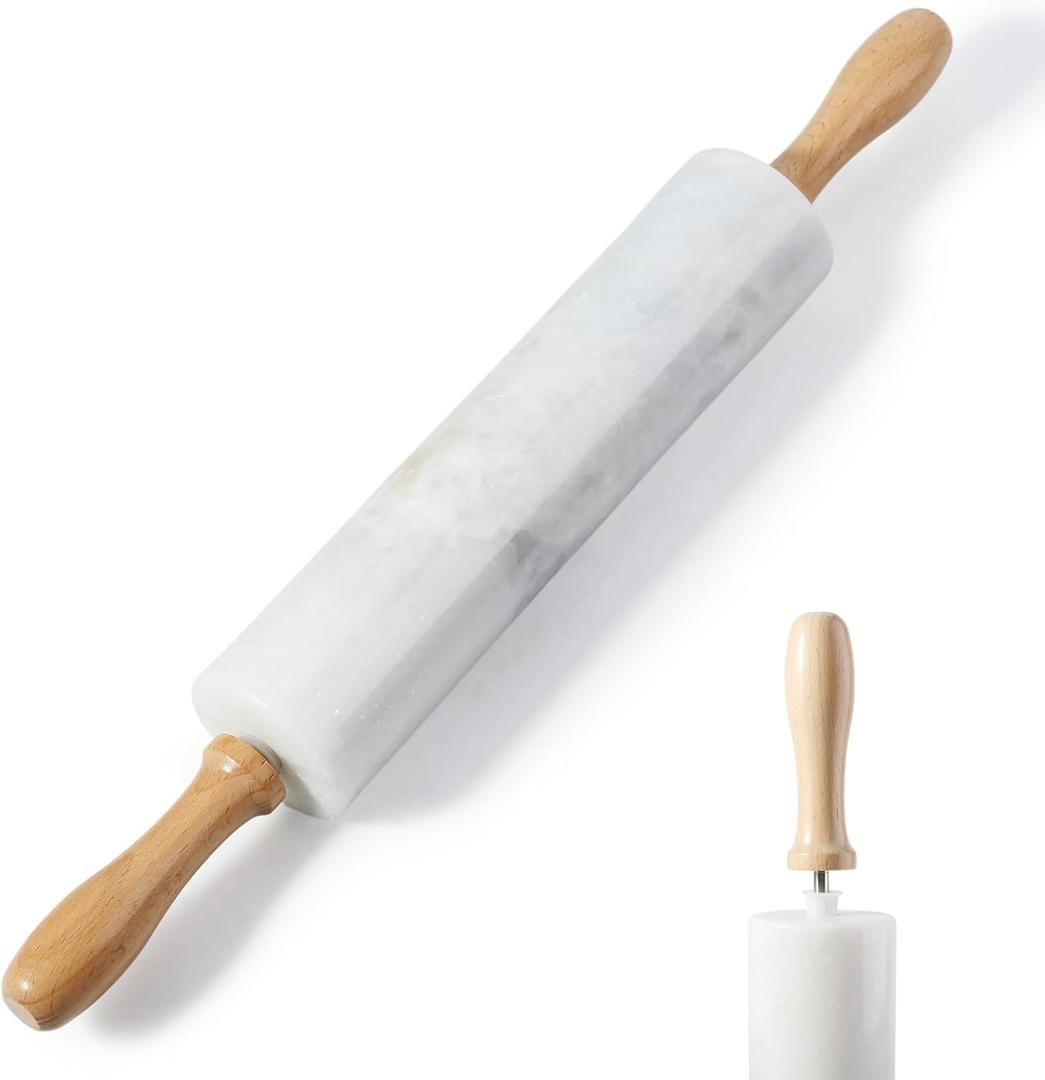 Koville White Marble Rolling Pin With Wooden Handles & Wood Cradle, 18 Inch Polished Marble Rolling Pins For Making Pizza Dough, Dough Roller For Pie Crust, Cookie, Pasta, Ergonomic Handles (Namib Fantasy White)