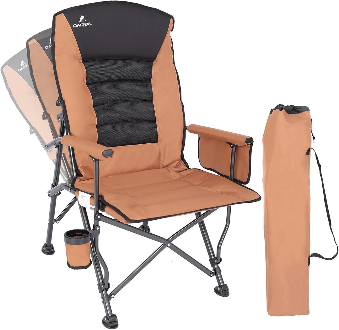 Camping Chairs for Adults, Adjustable Backrest Heavy Duty Oversized Folding Camping Chair Supports 350lbs for Outside with Cup Holder & Side Pocket, Outdoor Folding Camp Chair with High Back (Brown)