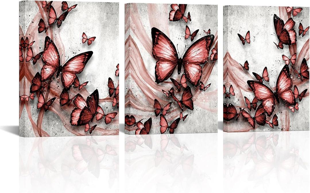 Visual Art Decor Butterly Wall Art Butterly Pictures Woman Teen Girl Room Decor, Farmhouse Kitchen Bathroom Bedroom Living Room Wall Decor, 12x16inchx3 Pieces, Framed Canvas Prints (Pink)