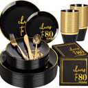 U-QE 20 Guests Black Plastic Birthday Plates - Include 80th Birthday Plates and Napkins, Gold Silverware, Gold Plastic Cups - Back in 1945 Party Plates for Men Women Cheers to 80 Years