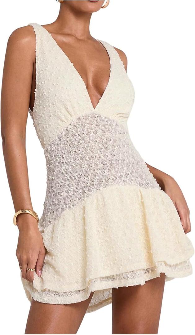 SOLY HUX Women's Summer Crochet Knit Mini Dress Deep V Neck Sleeveless Ruffle Layered A Line Vacation Party Dresses (L)