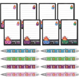 Dumpster On Fire Desk Accessories - 8 PCS Cute Sticky Notes + 8PCS Ballpoint Pens, It's Fine I'm Fine Everything is Fine,Memo Notes Funny Office Gifts for Women Men Coworkers