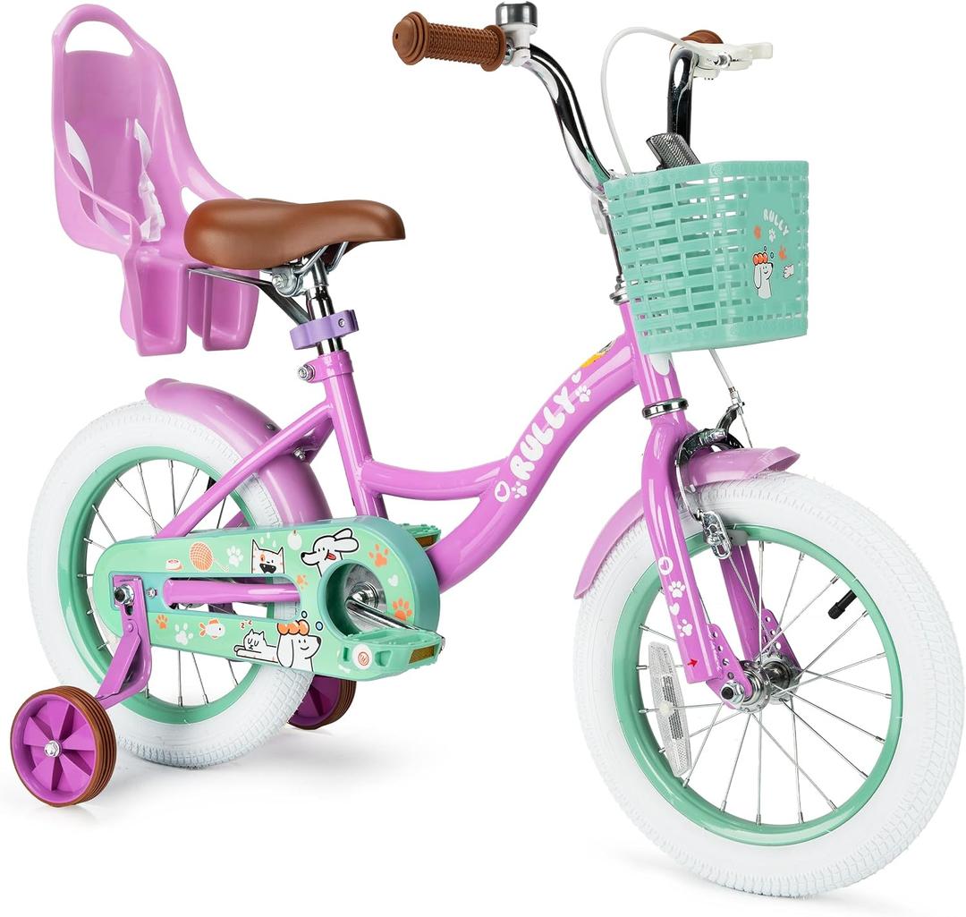 RULLY 12 14 16 Inch Girls Bike with Doll Seat Basket and Training Wheels for 2-6 Years Children