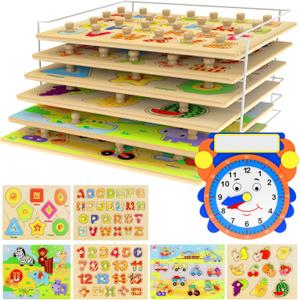 Premium Puzzles for Toddlers and Rack Set - (7 Pack) Includes 1 Learning Clock - 6 Alphabet, Numbers, Shapes, Animals, Cars, Fruits Puzzles