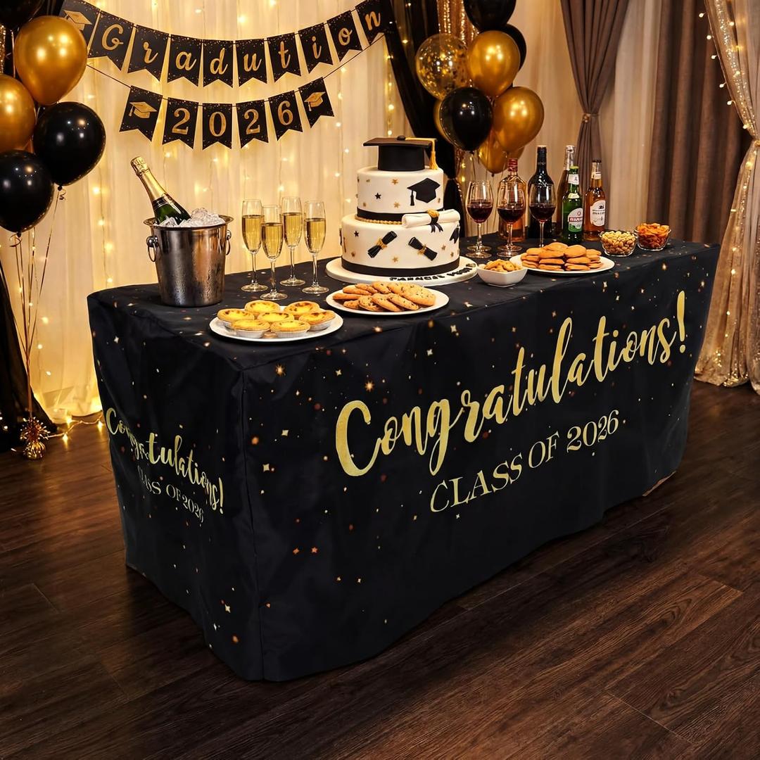 Oudain 6 ft Graduation Tablecloth Congratulations Class of 2026 Party Decorations 72 x 30 Inches Class of 2026 Table Cover Waterproof Washable Fabric Polyester Rectangle for Graduation Party Supplies