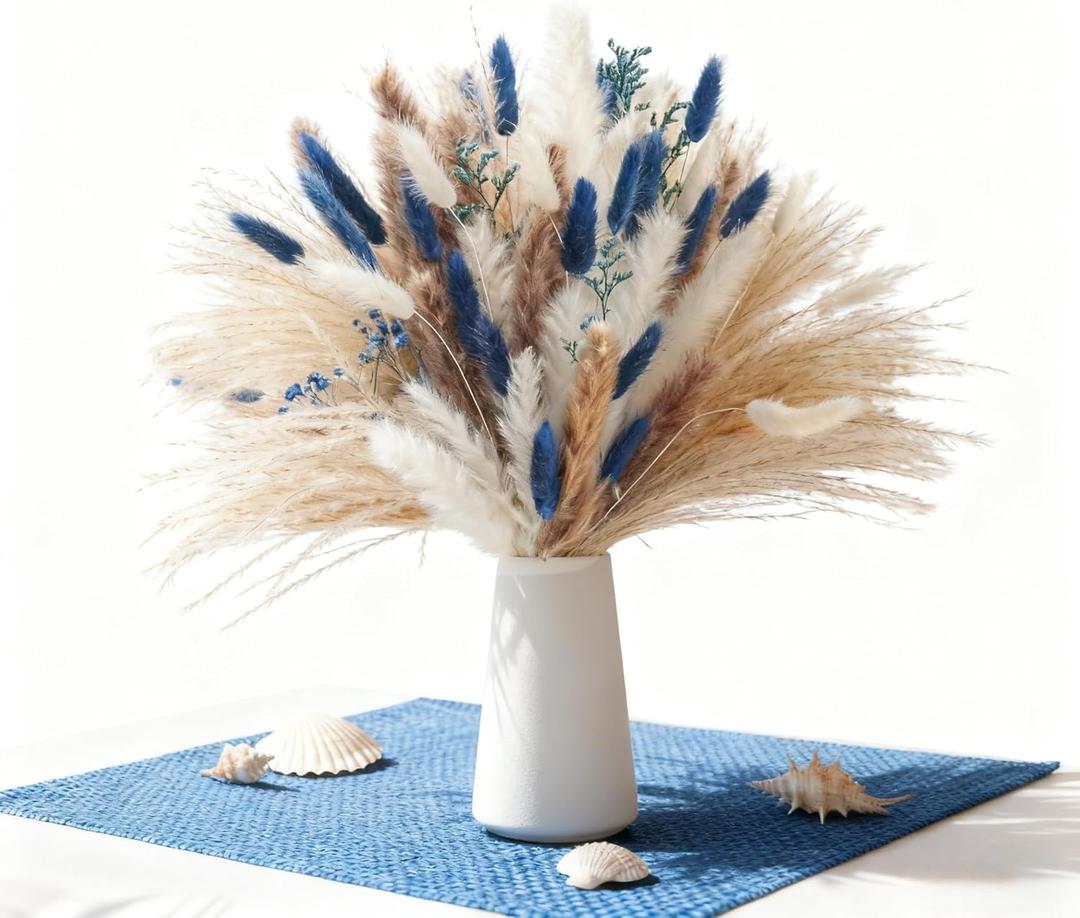 Natural Blue Pampas Grass Bluk Fluffy Dried Plants with Bunny Tails Baby Breath Flower for Home Vase DIY Beach Room Boho Sea Decor