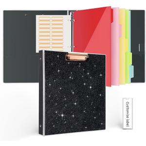 3 Ring Binder 1 Inch, Cute for Letter Size with 5 Color Tab Dividers and Low Profile Clipboards, Glitter 2 Interior Pockets, Trapper Keeper Recipe Binders, Black, T1035