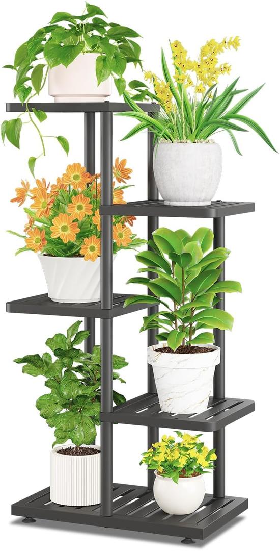 iDavosic.ly Plant Stand Indoor Outdoor, 4-Tier Tall Metal Flower Shelf for Heavy-Duty Large Planters, Corner Orchid Display Rack for Living Room Balcony Patio Porch, Space Saving, Modern Black