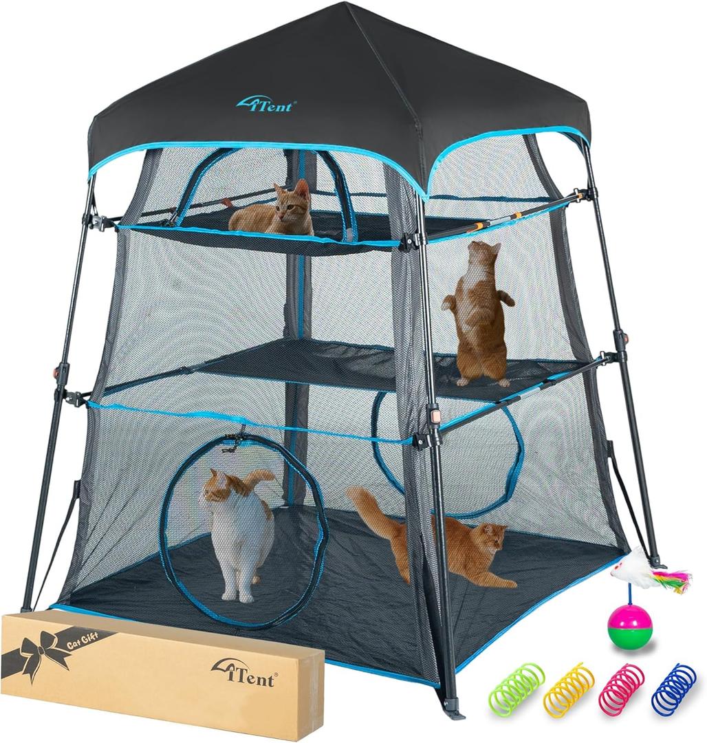 X-Large Catio Outdoor Cat Enclosure, 3-Tier Spacious Outdoor Cat Tent for Indoors and Outdoors, Portable and Foldable Kitty Enclosure, Two Doors Design can Assemble More Shapes (Patented) B-Cat Tower Tent Blue