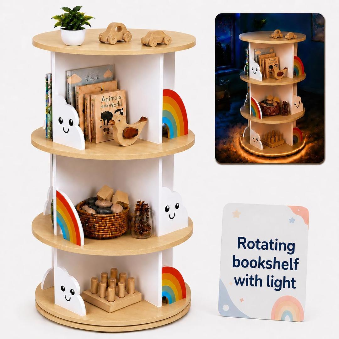 Pimlyo Rotating Bookshelf Kids with Removable Light, Spinning Book Shelf for Kids Rooms for Toddler Kid Room Storage, Small Wooden Round White Tower Bookcase for Nursery Bedroom Playroom Rooms