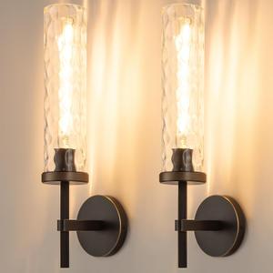 19.5" Knurled Brass Wall Sconces Set of 2, Black Gold Bathroom Vanity Light Fixtures with Water Ripples Glass Tube, Modern Lamp Lighting for Bedroom, Living Room, Hallway, Staircase, Mirror, Kitchen