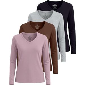 Real Essentials 4 Pack: Womens Cotton Long Sleeve V-Neck T-Shirts Soft Casual Lounge Tee Tops (M)