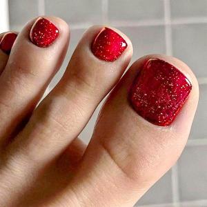 Red Press on Toenails - Valentines Day Fake Toenails - Short Square Press on Toe Nails with Glitter Design - for Women 24 Pcs
