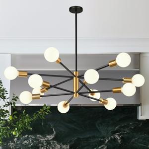 33" Modern Chandelier Ceiling Light Fixture, 12-Light Sputnik Chandeliers Brushed Gold and Black Mid Century Chandelier Over Table, Height Adjustable Chandeliers for Dining Room Living Room Kitchen