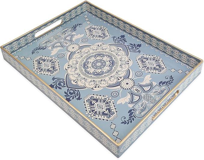 Omuriko Rectangle Plastic Serving Tray with Handles, Elegant Decorative Tray for Coffee Table, Ottoman, Living Room, Kitchen, Outdoor Use. 12"*16"*1.6" B