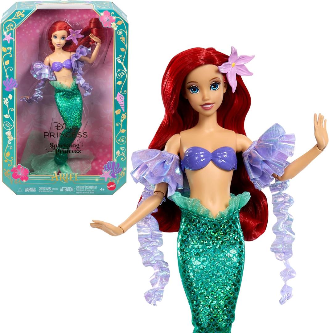 Mattel Disney Princess Mermaid Ariel Sparkling Princess Fashion Doll & Accessory with Removable Tail, Sleeves & Flower Hair Clip, Inspired by Movie