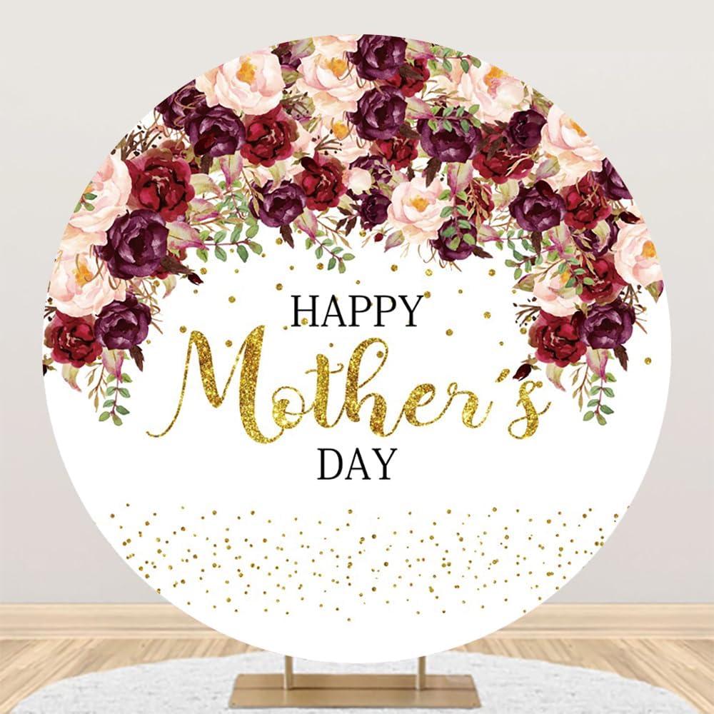 Renaiss 6x6ft Happy Mother's Day Round Backdrop Cover Red Pink Rose Mother's Day Circle Photography Background Rose Flowers Mother's Day Party Decors Floral Mother's Day Arch Photo Booth Props