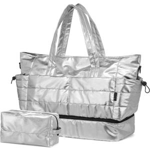 Women's 50L Travel Duffel Bag with Shoe Compartment, Gym Bag, Weekender Overnight Bag, Silver