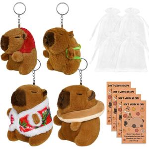 12 Pcs Valentine's Capybara Ornaments and Party Favors, 4 Plush Keychains 4 Organza Bags 4 Greeting Cards, Cute Capybara Gift Set for Women Friends, Adult Birthday Valentine's Day Party Supplies