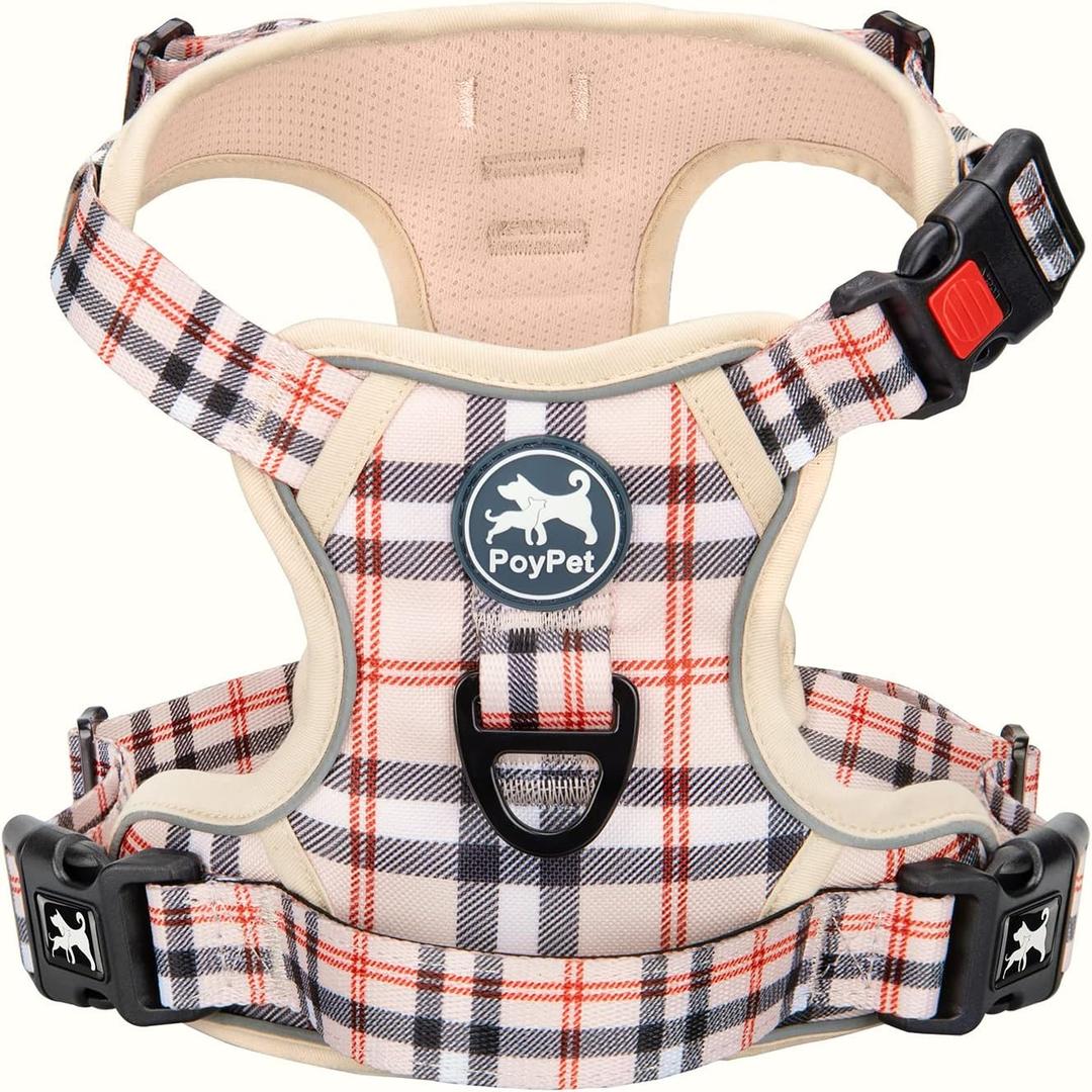 PoyPet Plaid Dog Harness, No Pull Front Clip Pet Vest Harness, Soft Padded Reflective Adjustable Walking Harness with Handle for Medium Dogs(Checkered Beige,Medium)