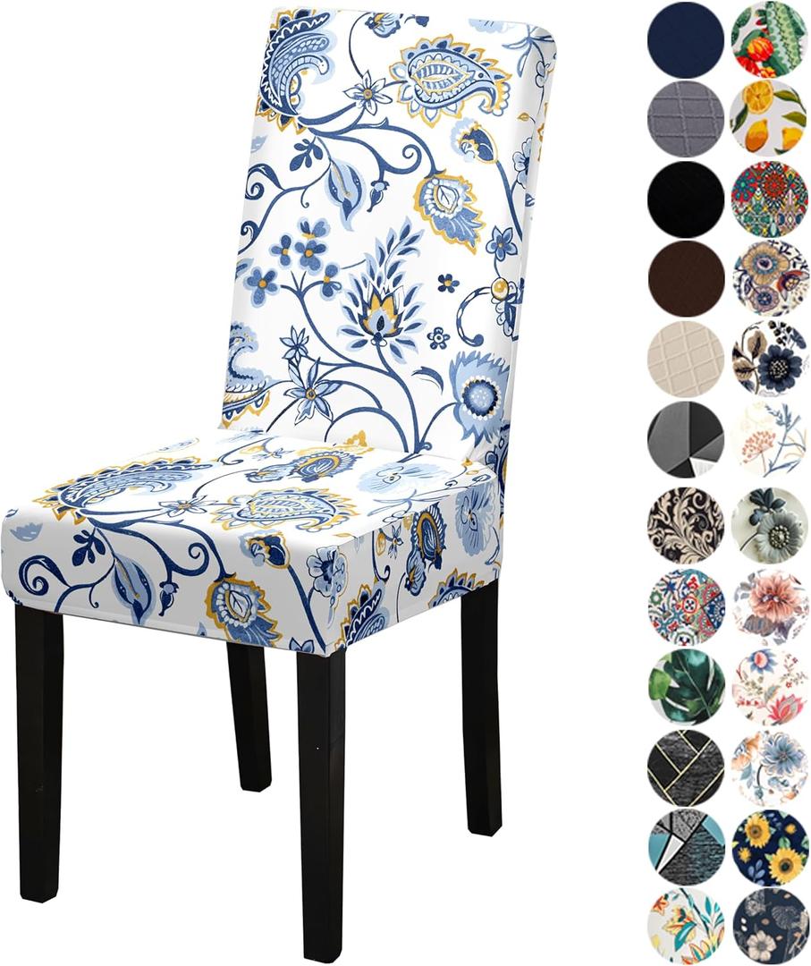 Stretchy Parson Chair Slipcovers for Dining Room Chair seat Covers Chair Protectors for Party Pet Protection Universal Fit Soft Polyester (Set of 6, Blue Flowers III)